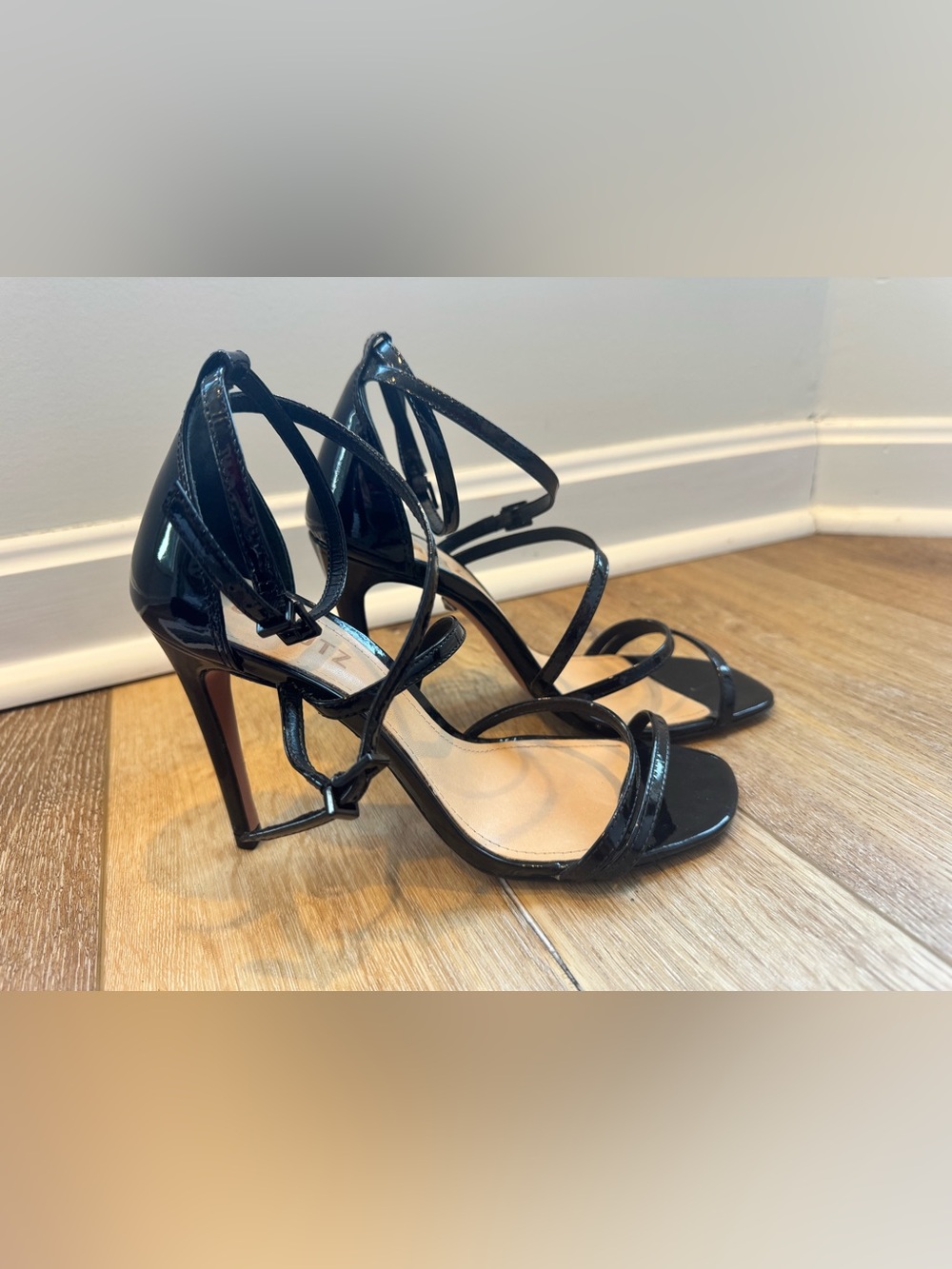 Schutz Licah Strappy Stiletto Black Patent Leather Heels - Size 7.5